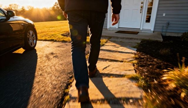 Man walking toward front door at sunset on suburban driveway walkway