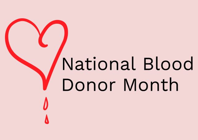 Illustration of national blood donor month text by red dripping heart shape against pink background. healthcare and awareness.