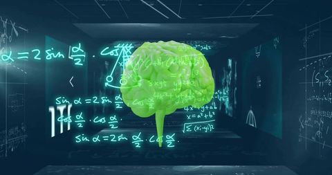 Neon green brain hologram floating with cyan math formulas projecting in futuristic lab tunnel