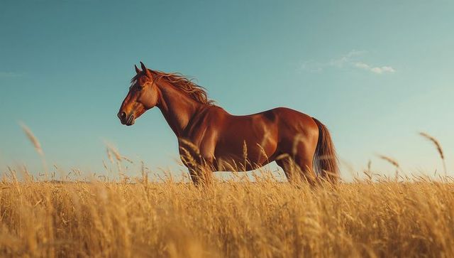 Majestic Chestnut Horse in Golden Meadow under Azure Sky