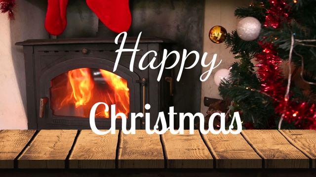 Cozy holiday scene with 'Happy Christmas' text overlay on fireplace with burning fire and decorated tree. Suitable for holiday cards, festive social media posts, and Christmas greetings messages.