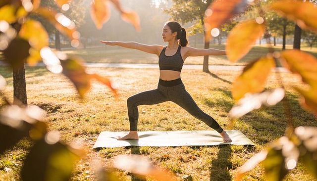 Woman practicing warrior ii yoga at autumn sunrise in park with golden backlight