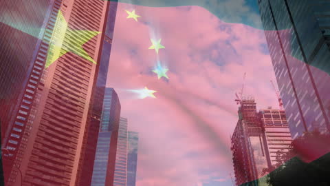 Chinese Urban Growth Double Exposure with Businessman and Smartphone