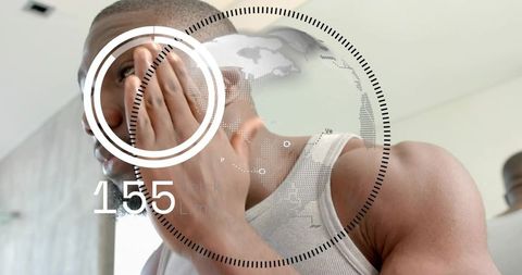 Young man checking facial skin in bathroom mirror with digital analytics overlay 155