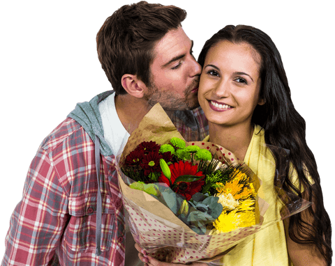 Couple Embracing with Bouquet on Transparent Background