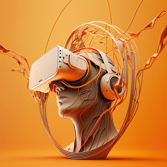 Human model with vr headset on orange background, created using generative ai technology. Cyber technology and futuristic virtual reality headset concept digitally generated image.