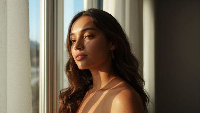 Young woman gazing through window in golden hour light, contemplative portrait with warm tones