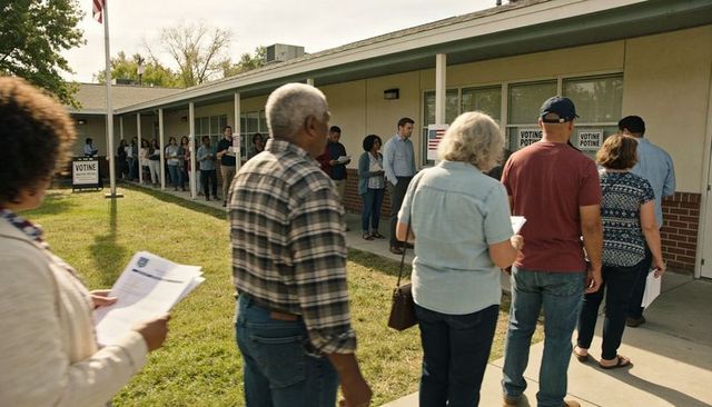Diverse voters waiting in line outside polling place holding ballots on election day