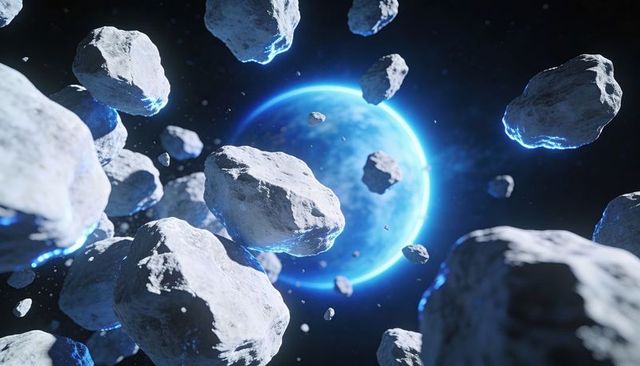 Gliding asteroid field drifting past blue haloed planet with rim-lit cyan glow sci-fi