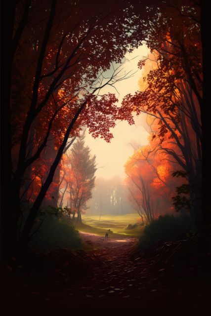 Pathway through forest with vibrant autumn leaves in various shades of orange and red under a sunset. Can be used for nature-themed projects, travel blogs, environmental campaigns, or seasonal artwork.