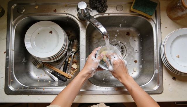 Hands washing bowl under running tap at double kitchen sink with stacked dirty plates