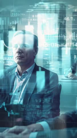 Senior Executive Studying Market Trends with Holographic HUD Data Vertical Business Video