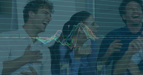 Lively Team Celebrating Success at Office with Analytics Overlay