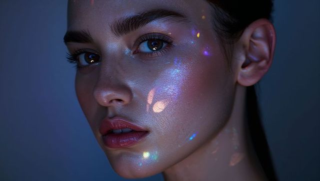 Luminous holographic beauty portrait reflecting iridescent prismatic light on dewy skin