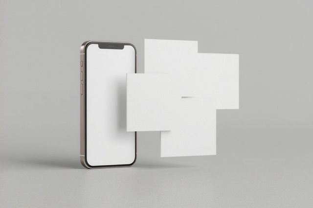 Modern smartphone with floating ui panels on grey background