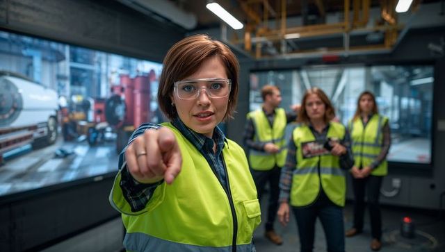 Female engineer pointing toward camera in industrial workshop wearing hi-vis vest and goggles