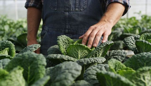 Farmer Inspecting Lacinato Kale Touching Textured Leaves in Greenhouse Denim Overalls