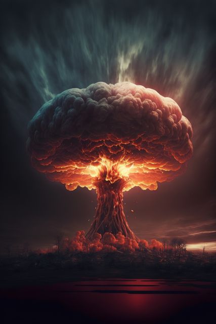 Depicting a dramatic mushroom cloud explosion during dusk, the scene evokes powerful imagery of destruction and devastation. The fiery explosion lights up the dark sky with intense colors and clouds spreading outward. Useful in creative projects related to war, science fiction, disaster films, or articles on nuclear energy and its implications.