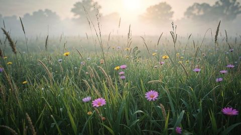 Serene photograph highlights a misty meadow at Nebraska sunrise, where tall grass glistens with dew. Sprinkles of colorful wildflowers add vibrancy to the lush greenery. Enlightened by the golden light of dawn, this image can enhance themes of tranquility, renewal, and the beauty of nature in print and digital projects focused on outdoor beauty or meditation.