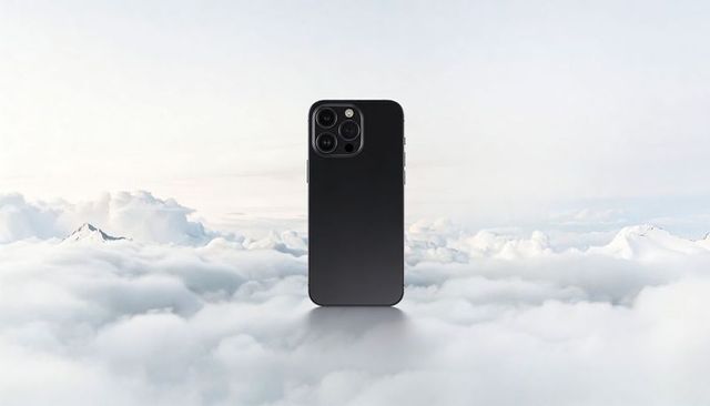 Floating black smartphone with triple rear cameras above dreamy cloudscape and snow peaks