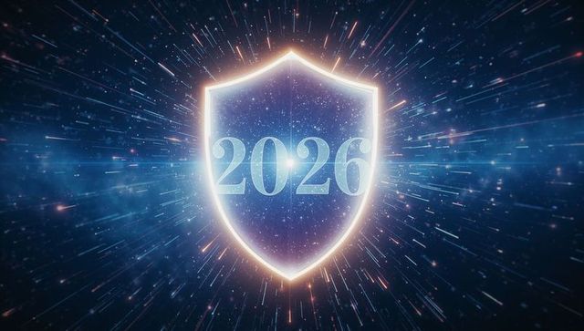 Neon Shield Emblem 2026 Radiating Futuristic Energy in Cosmic Digital Space