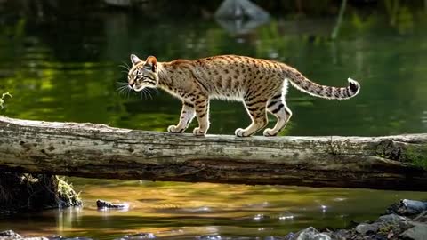 Bobcat crossing fallen log over sunlit stream, balancing tail while scanning bank (video)