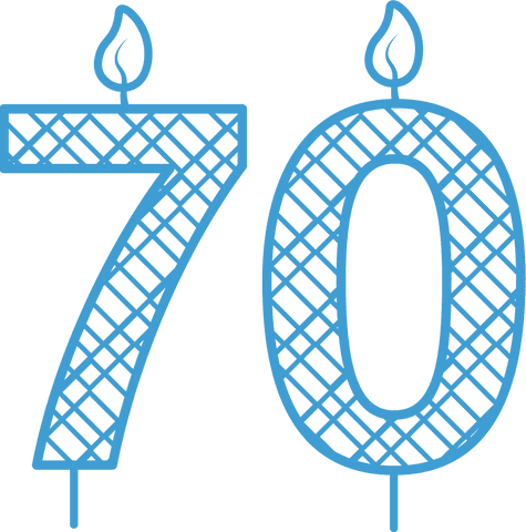 Blue transparent 70th birthday candle numbers with pattern