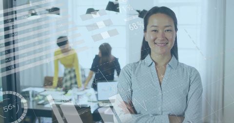 Confident Businesswoman in Modern Office with Financial Data Overlay
