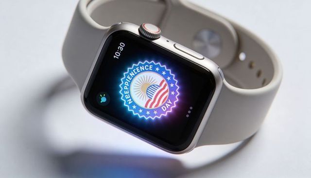 Smartwatch showing patriotic badge on vibrant oled display, aluminum case, silicone band