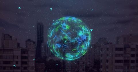 Floating Geometric Sphere Over Modern Cityscape at Dusk - Download Free Stock Images Pikwizard.com
