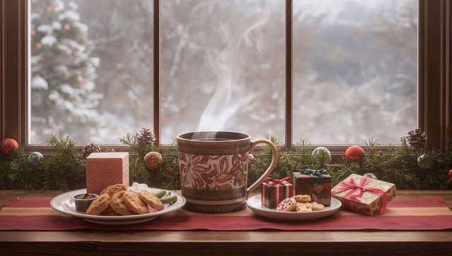 Christmas table decor with cookies, garland, and gift boxes