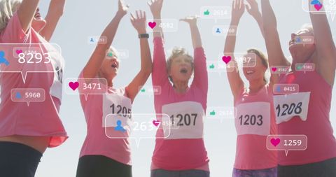 Cheerful Women Runners Celebrating with Social Media Connections