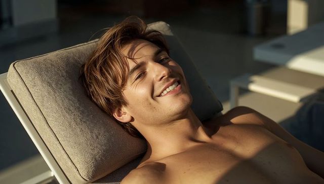 Young Shirtless Man Reclining on Lounger Smiling in Sunlit Modern Poolside Terrace