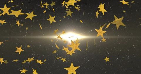 Glittering Golden Stars Floating Over Cosmic Starfield with Bright Central Flare