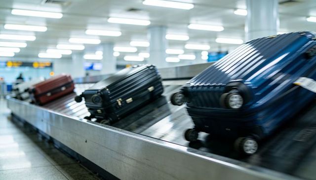 Glossy blue hard-shell suitcase rolling on airport baggage carousel with motion blur