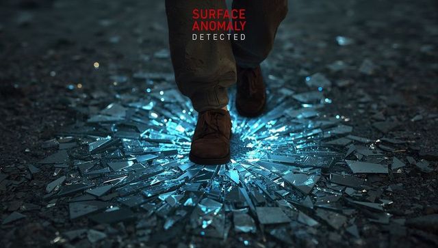 Stepping boots on neon-glowing shattered glass with red anomaly alert