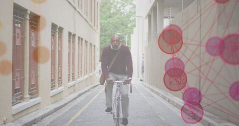 African American Man Cycling Amid Digital Network Symbols in Urban Alley
