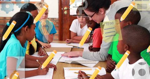 Engaging Female Teacher Guiding Diverse Students in Classroom