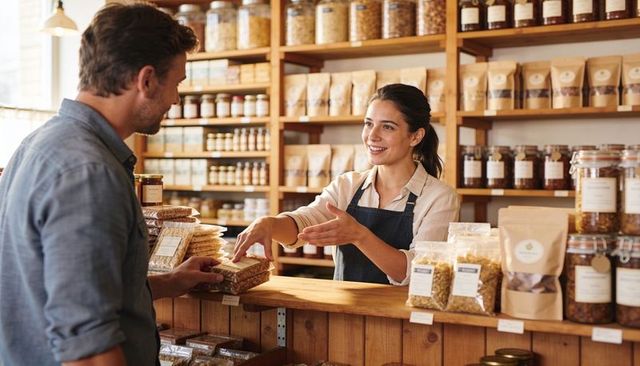 Smiling clerk handing packaged granola to customer at rustic bulk grocery counter