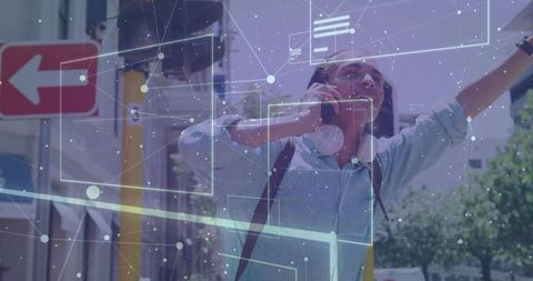 Young Professional Connected with Digital Overlay on City Street