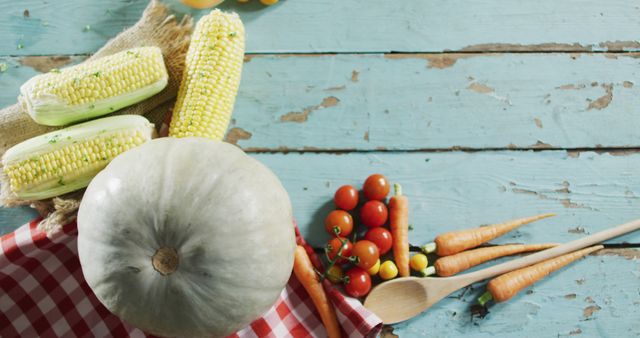 Close up view of pumpkin, multiple food ingredients and cutlery on wooden surface - Download Free Stock Photos Pikwizard.com