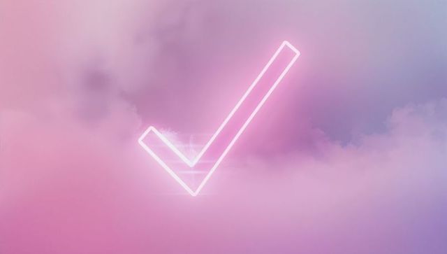 Neon checkmark in pastel cloud sky