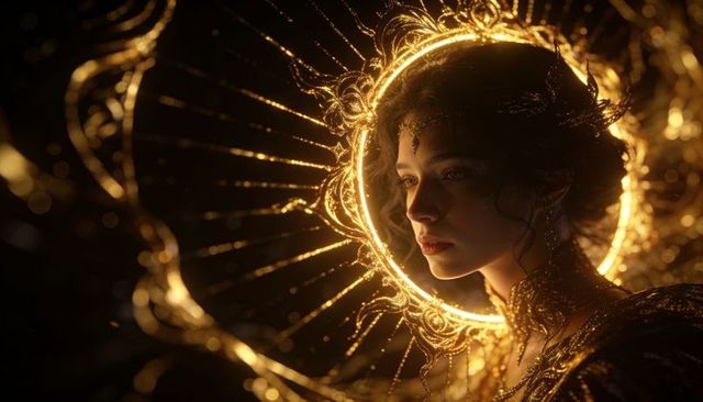 Golden haloed muse wearing ornate filigree headdress, regal portrait with glowing crown
