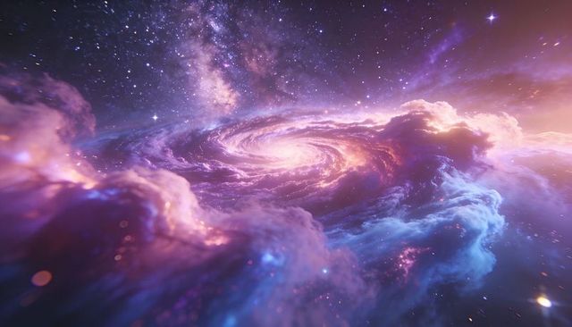 Glowing spiral galaxy radiating golden core violet and azure nebula clouds in deep space