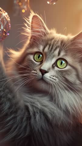 Vertical video gray tabby cat tilting head reacting to sunbeams and crystal sparkles