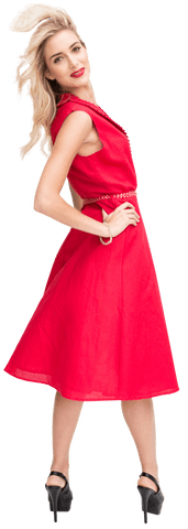 Joyful blonde woman in red dress transparent background