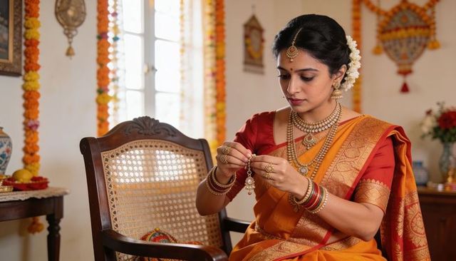 Indian woman fixing gold pendant while wearing orange silk saree with marigold garlands