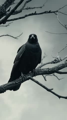 Vertical video of black corvid turning head and opening beak on bare branch, overcast sky