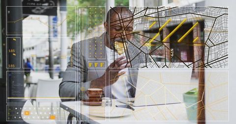 Businessman Eating Sandwich at Open Air Cafe with Data Overlay
