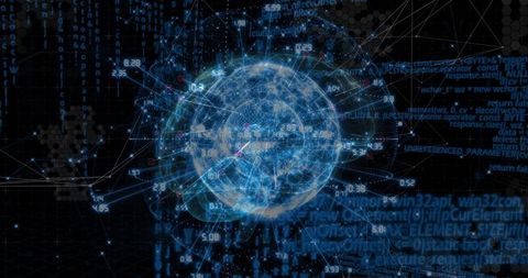 Pulsing Blue Data Sphere Connecting Global Network Nodes with Code Fragments and Hex Grid